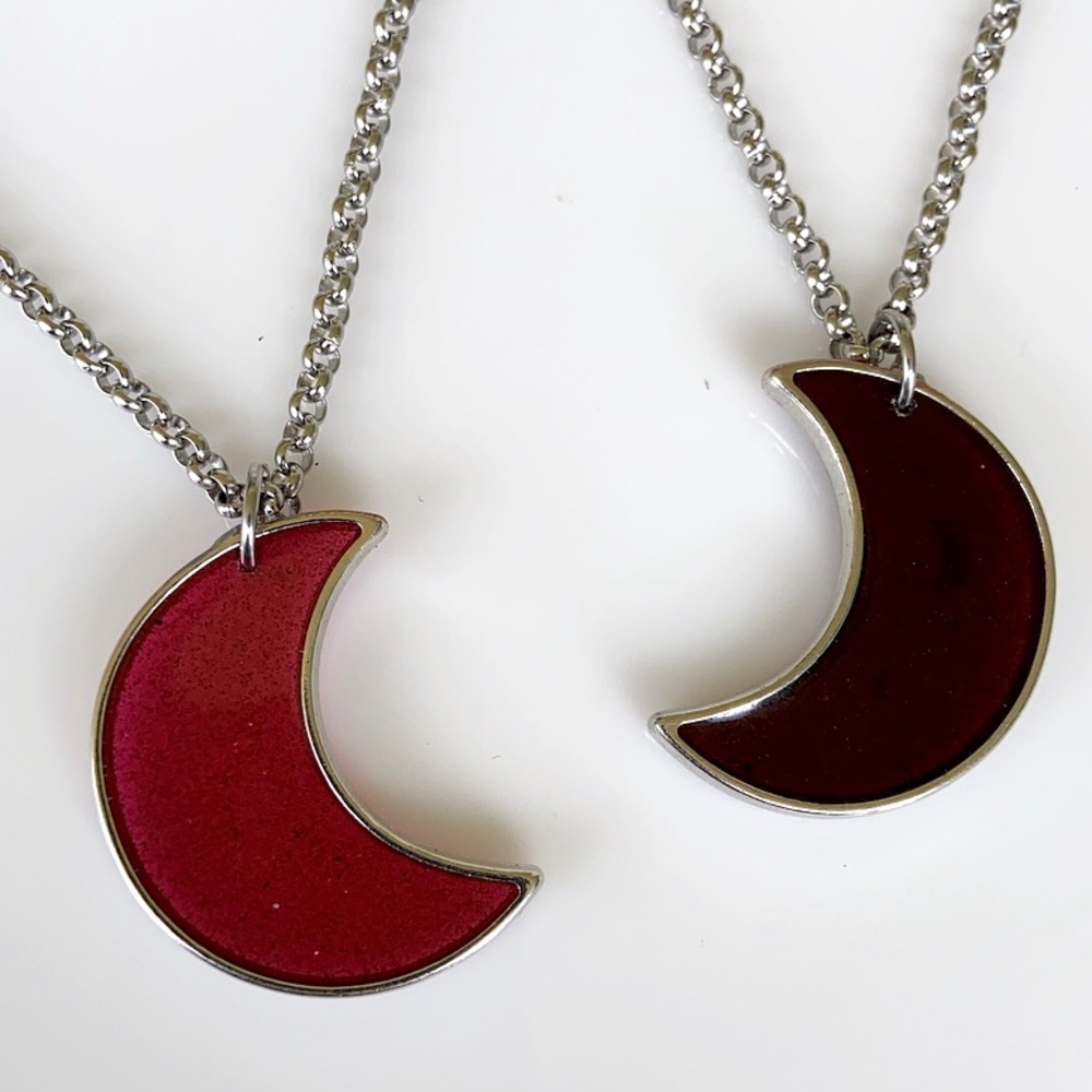 Red epoxy & glitter resin crecent moon necklace